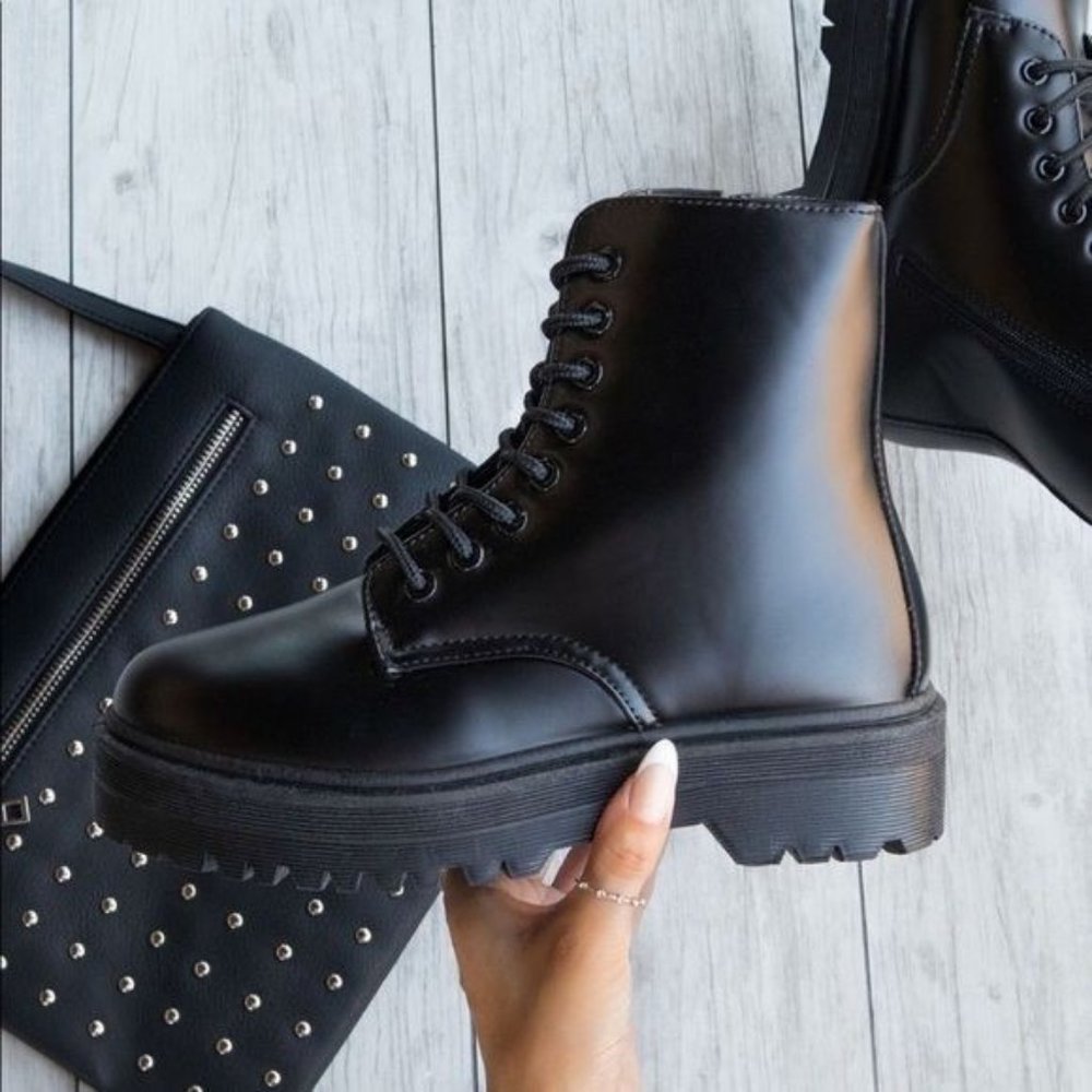Black Vegan Leather Side Zip Combat Boots - Picture 6 of 8